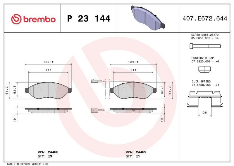 Комплект тормозных колодок, дисковый тормоз BREMBO P23144