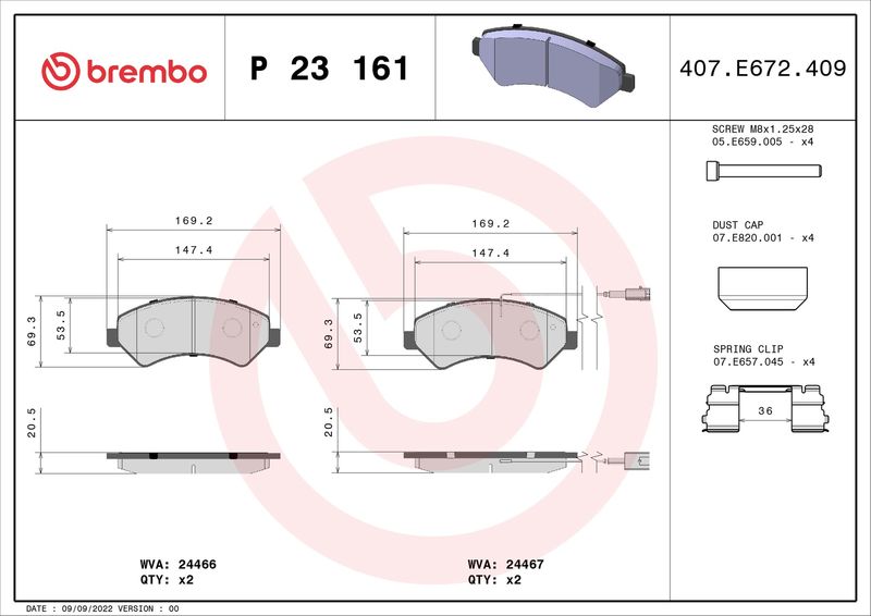 Комплект тормозных колодок, дисковый тормоз BREMBO P23161