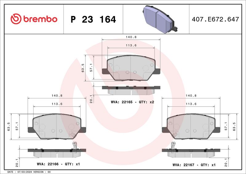 Комплект тормозных колодок, дисковый тормоз BREMBO P23164