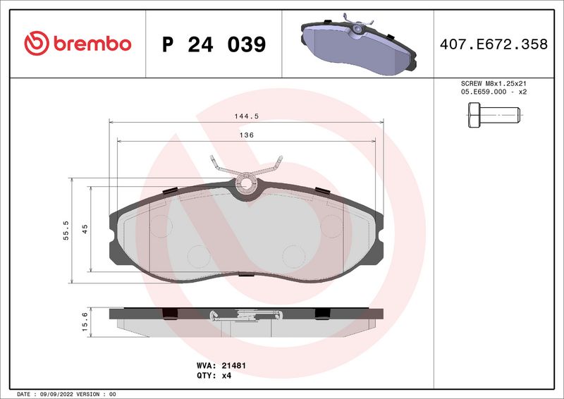 Комплект тормозных колодок, дисковый тормоз BREMBO P24039