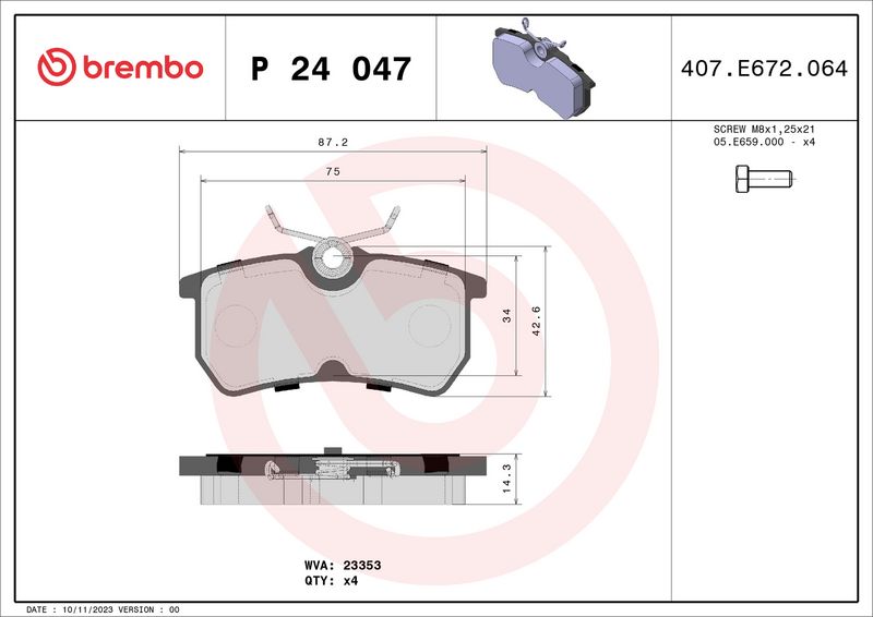 Комплект тормозных колодок, дисковый тормоз BREMBO P24047