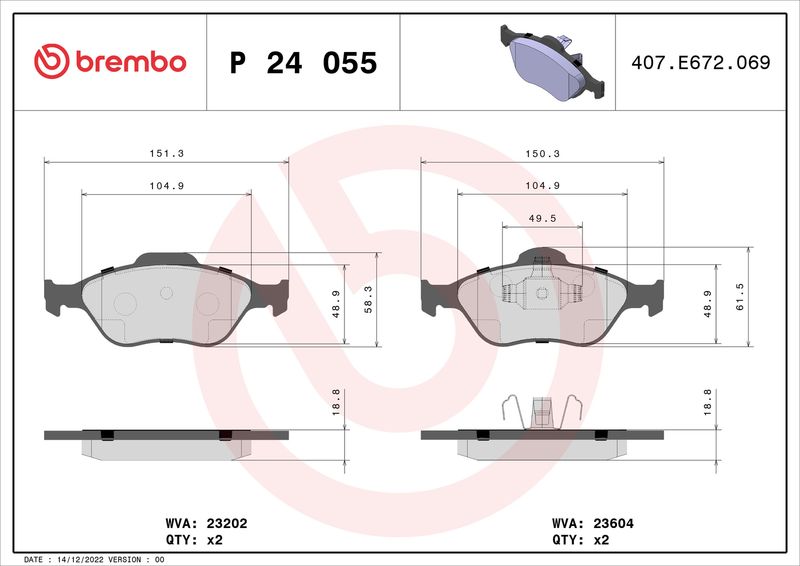 Комплект тормозных колодок, дисковый тормоз BREMBO P24055
