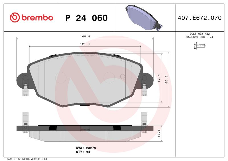 Комплект тормозных колодок, дисковый тормоз BREMBO P24060