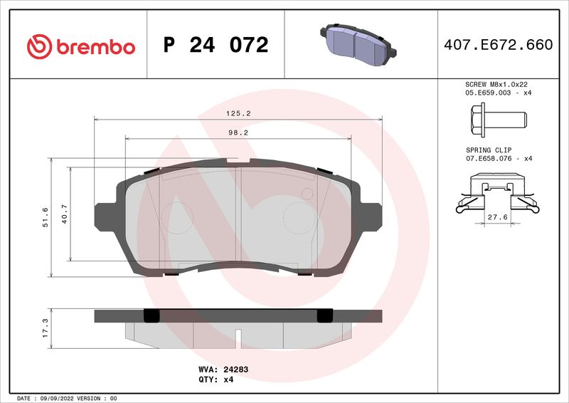 Комплект тормозных колодок, дисковый тормоз BREMBO P24072