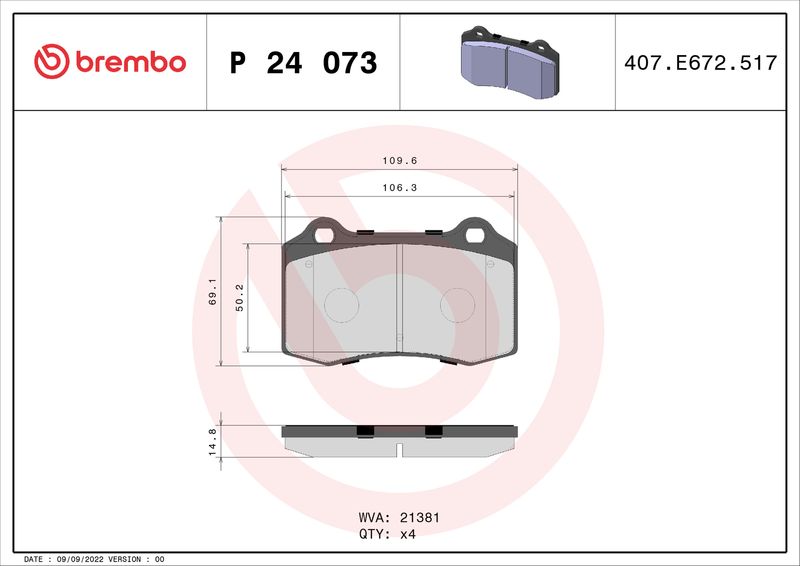 Комплект тормозных колодок, дисковый тормоз BREMBO P24073