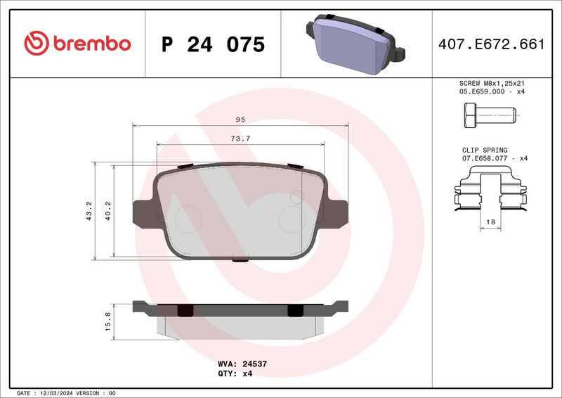 Комплект тормозных колодок, дисковый тормоз BREMBO P24075X