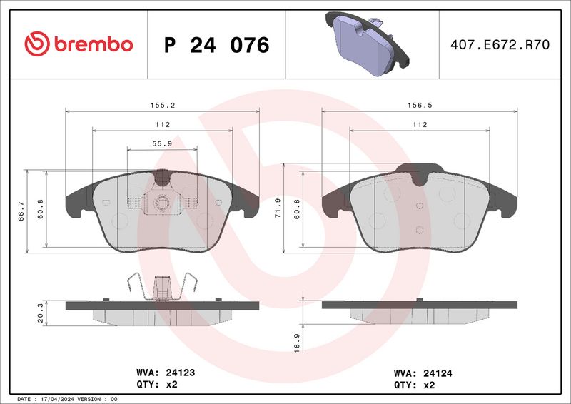 Комплект тормозных колодок, дисковый тормоз BREMBO P24076