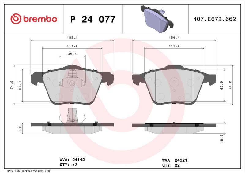 Комплект тормозных колодок, дисковый тормоз BREMBO P24077X
