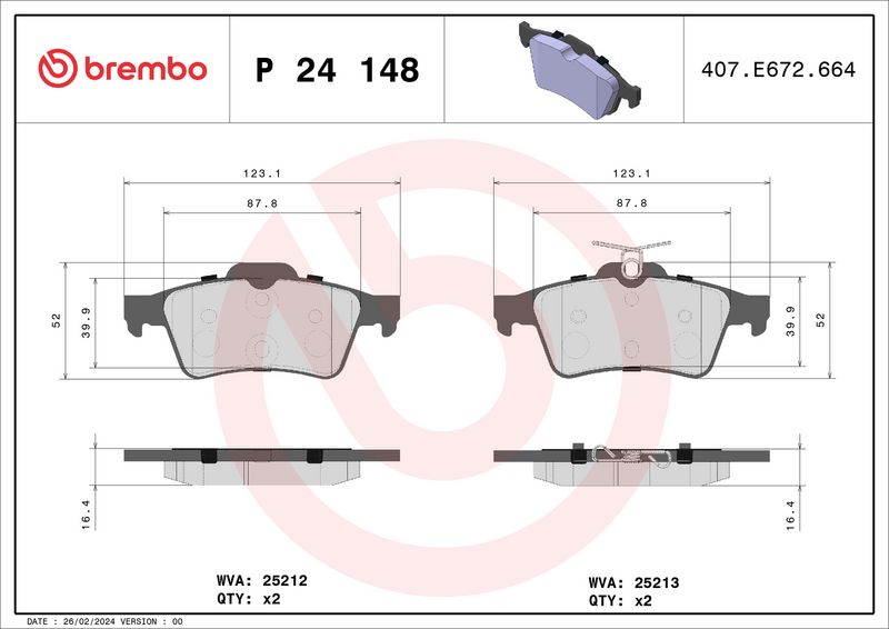 Комплект тормозных колодок, дисковый тормоз BREMBO P24148