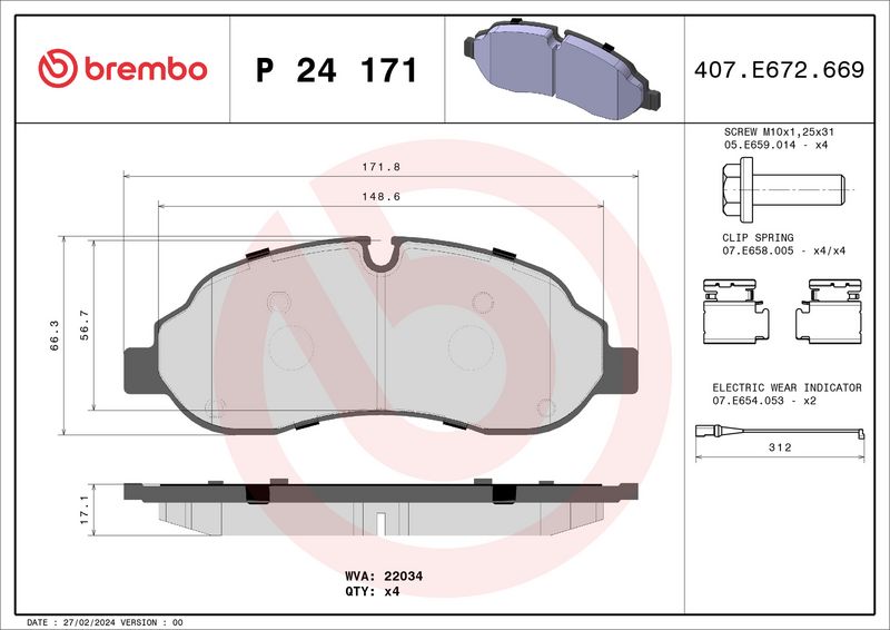 Комплект тормозных колодок, дисковый тормоз BREMBO P24171