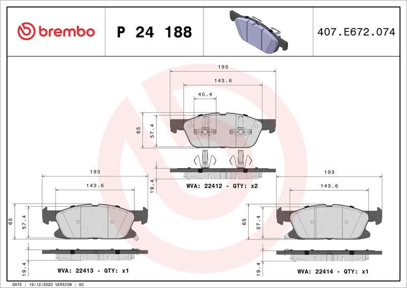 Комплект тормозных колодок, дисковый тормоз BREMBO P24188