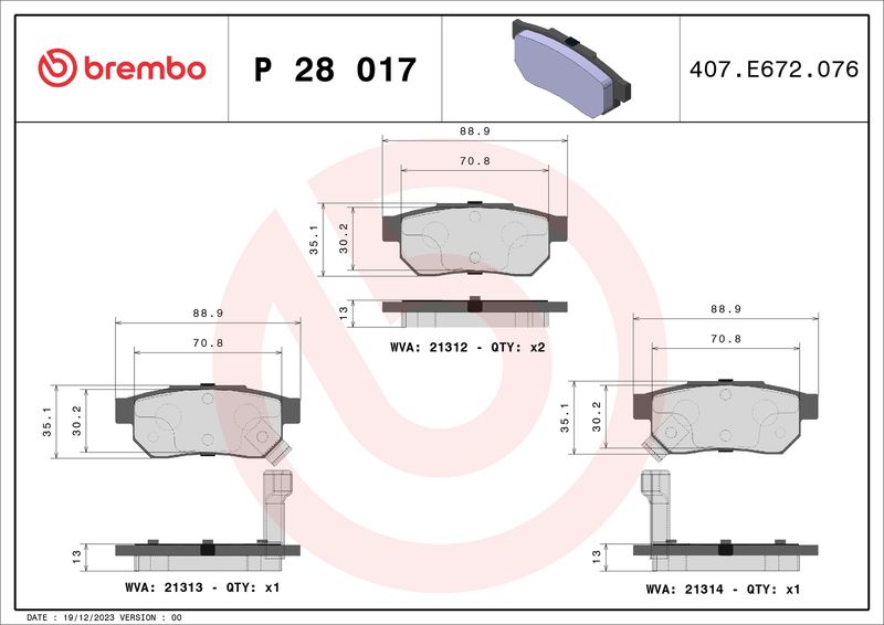 Комплект тормозных колодок, дисковый тормоз BREMBO P28017