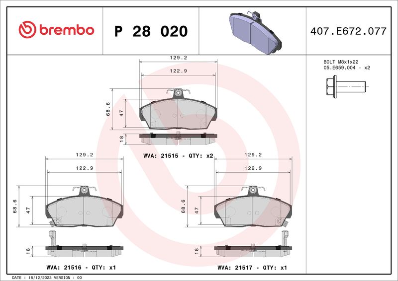 Комплект тормозных колодок, дисковый тормоз BREMBO P28020