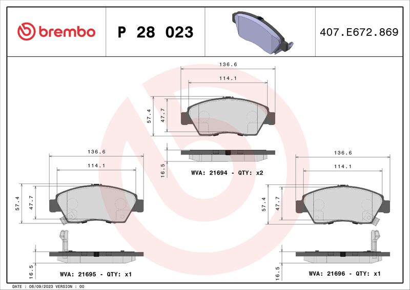 Комплект тормозных колодок, дисковый тормоз BREMBO P28023