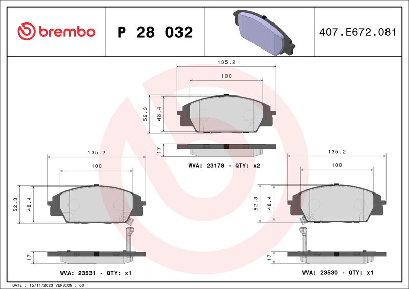 Комплект тормозных колодок, дисковый тормоз BREMBO P28032