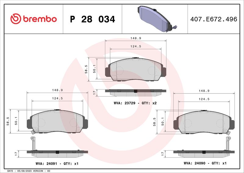 Комплект тормозных колодок, дисковый тормоз BREMBO P28034