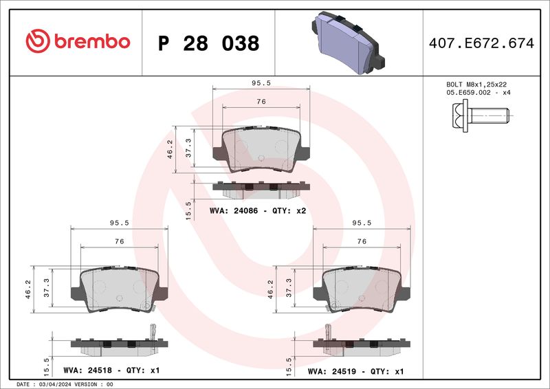 Комплект тормозных колодок, дисковый тормоз BREMBO P28038