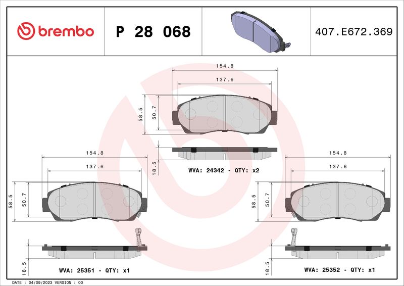 Комплект тормозных колодок, дисковый тормоз BREMBO P28068