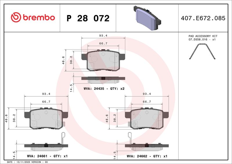 Комплект тормозных колодок, дисковый тормоз BREMBO P28072