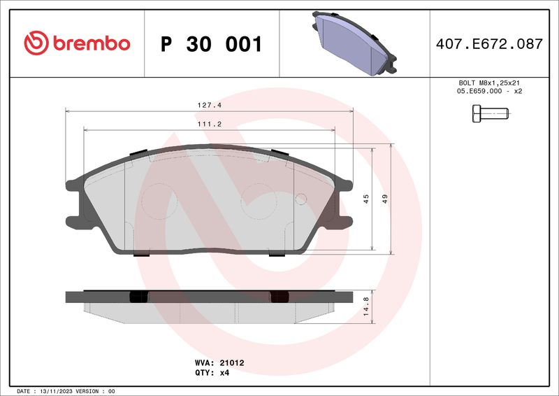 Комплект тормозных колодок, дисковый тормоз BREMBO P30001