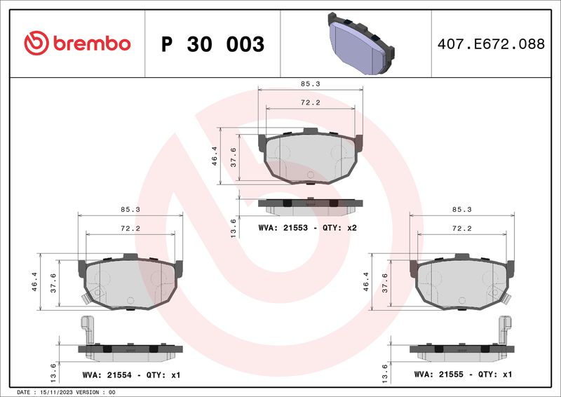 Комплект тормозных колодок, дисковый тормоз BREMBO P30003