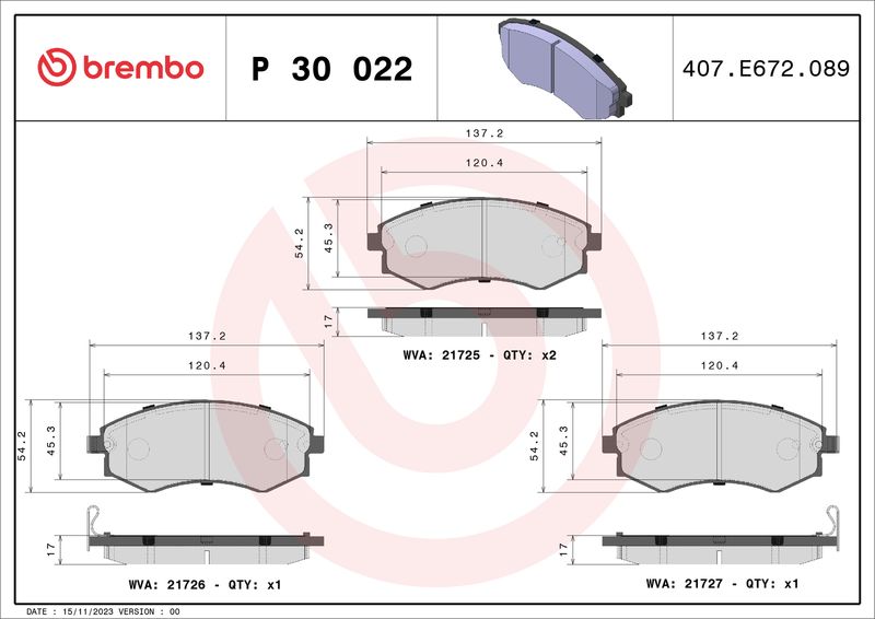 Комплект тормозных колодок, дисковый тормоз BREMBO P30022
