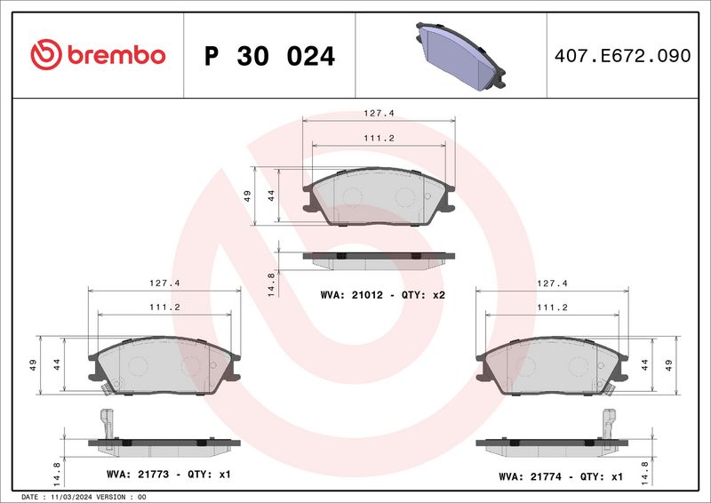Комплект тормозных колодок, дисковый тормоз BREMBO P30024