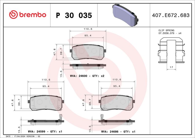 Комплект тормозных колодок, дисковый тормоз BREMBO P30035