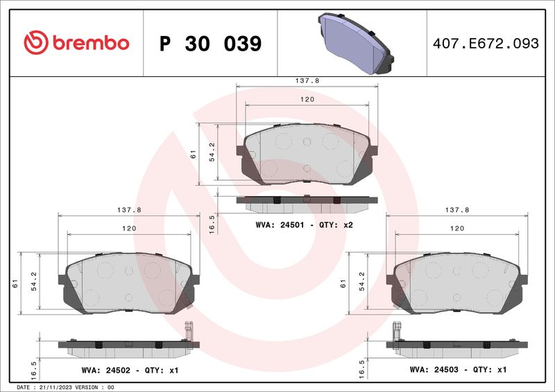 Комплект тормозных колодок, дисковый тормоз BREMBO P30039