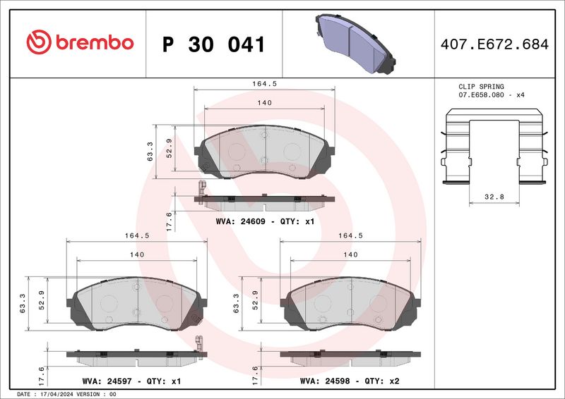 Комплект тормозных колодок, дисковый тормоз BREMBO P30041