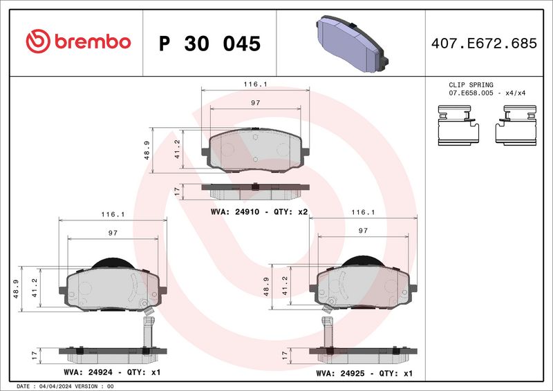 Комплект тормозных колодок, дисковый тормоз BREMBO P30045