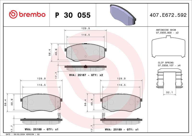 Комплект тормозных колодок, дисковый тормоз BREMBO P30055