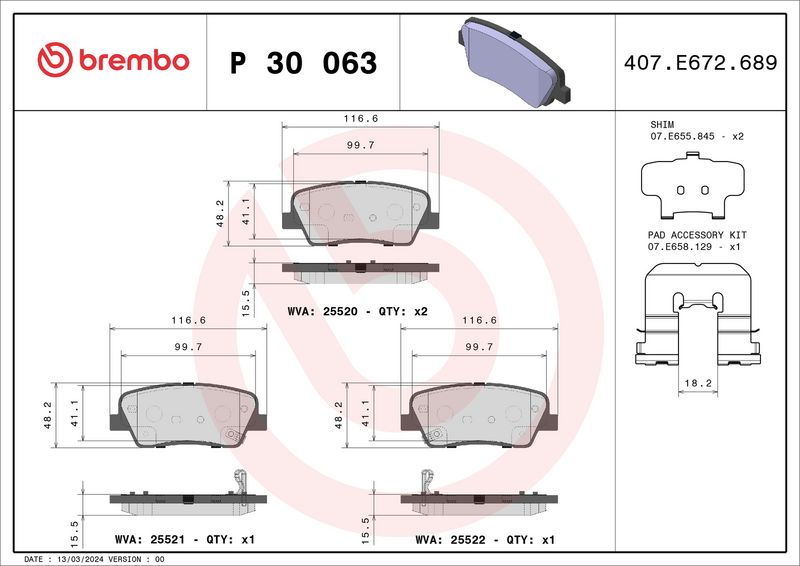 Комплект тормозных колодок, дисковый тормоз BREMBO P30063