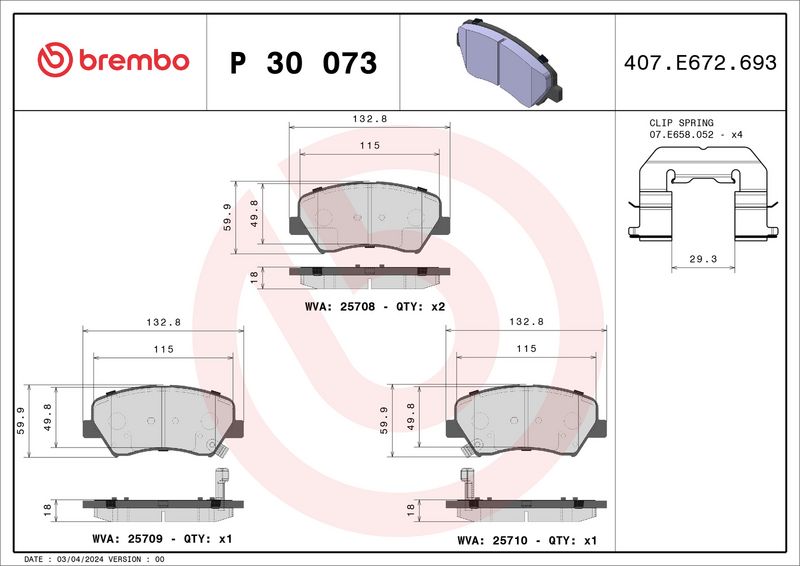 Комплект тормозных колодок, дисковый тормоз BREMBO P30073
