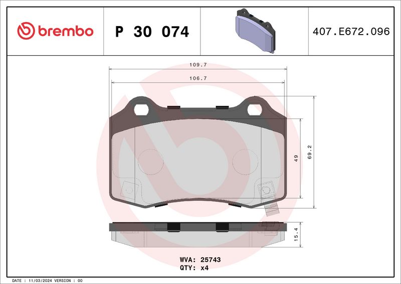 Комплект тормозных колодок, дисковый тормоз BREMBO P30074