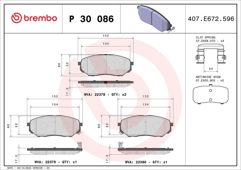 Комплект тормозных колодок, дисковый тормоз BREMBO P30086