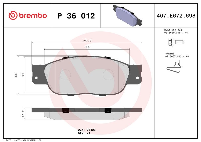 Комплект тормозных колодок, дисковый тормоз BREMBO P36012