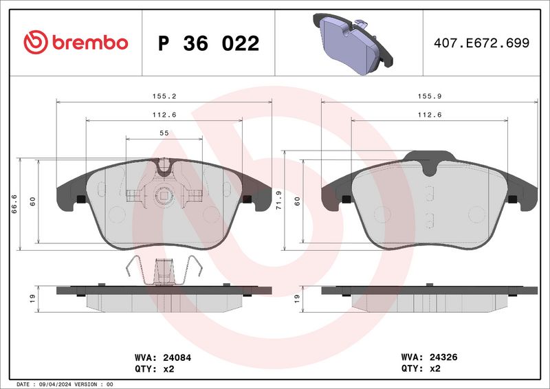 Комплект тормозных колодок, дисковый тормоз BREMBO P36022