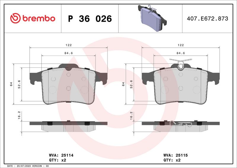Комплект тормозных колодок, дисковый тормоз BREMBO P36026