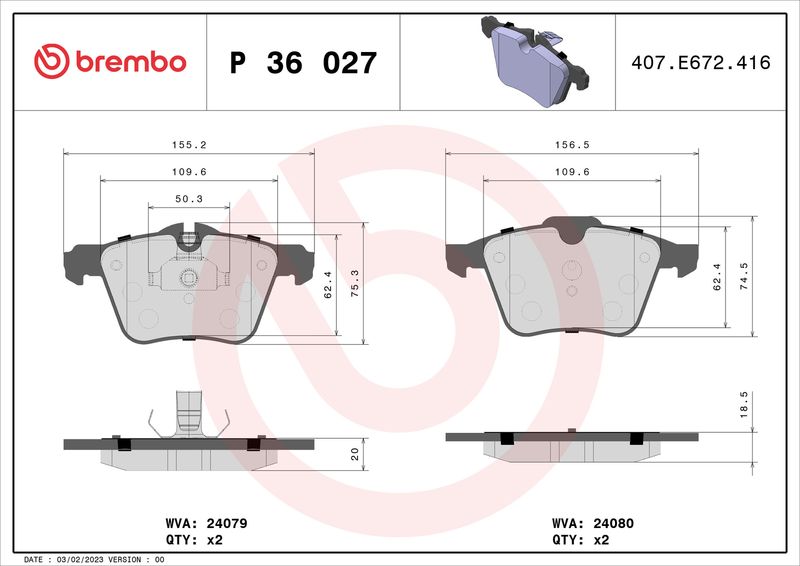 Комплект тормозных колодок, дисковый тормоз BREMBO P36027