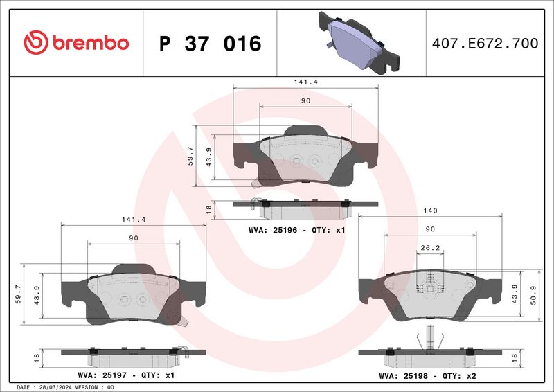 Комплект тормозных колодок, дисковый тормоз BREMBO P37016