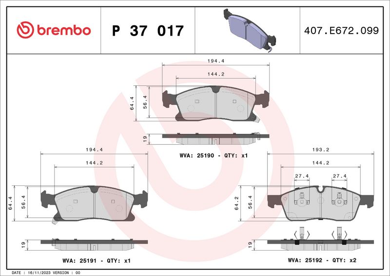 Комплект тормозных колодок, дисковый тормоз BREMBO P37017