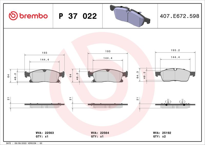 Комплект тормозных колодок, дисковый тормоз BREMBO P37022