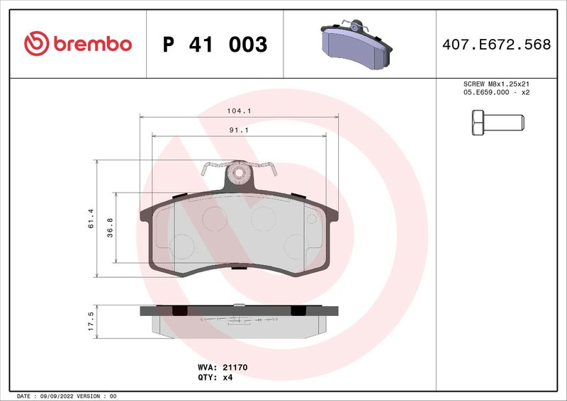 Комплект тормозных колодок, дисковый тормоз BREMBO P41003