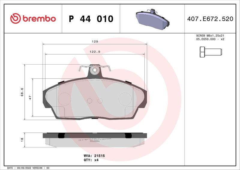 Комплект тормозных колодок, дисковый тормоз BREMBO P44010