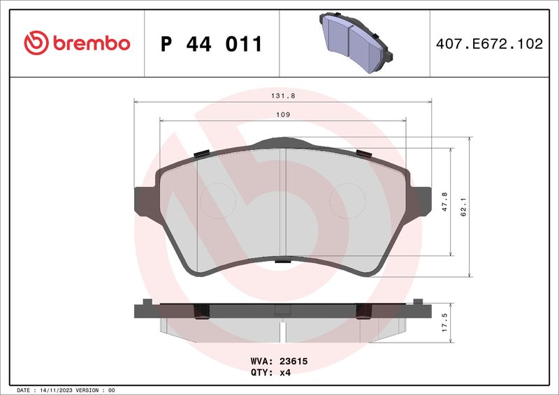Комплект тормозных колодок, дисковый тормоз BREMBO P44011