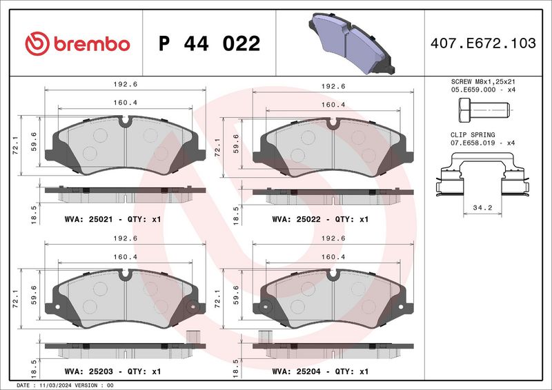 Комплект тормозных колодок, дисковый тормоз BREMBO P44022