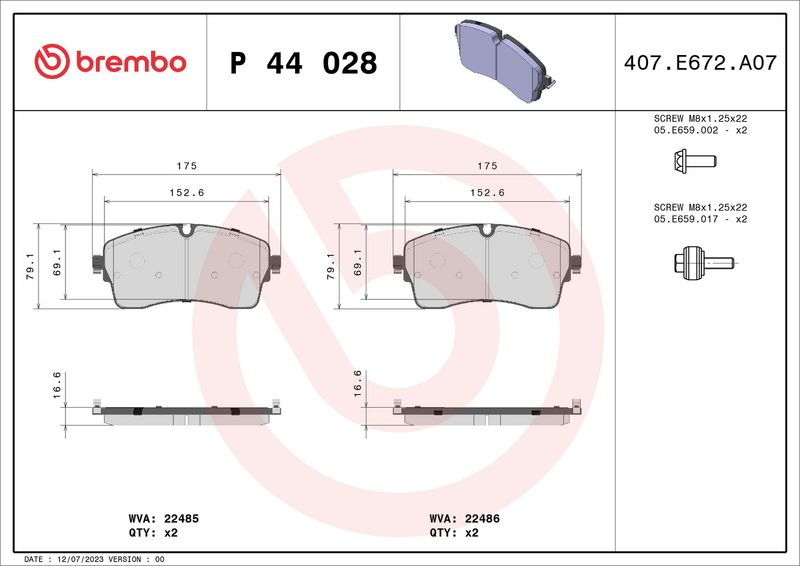 Комплект тормозных колодок, дисковый тормоз BREMBO P44028
