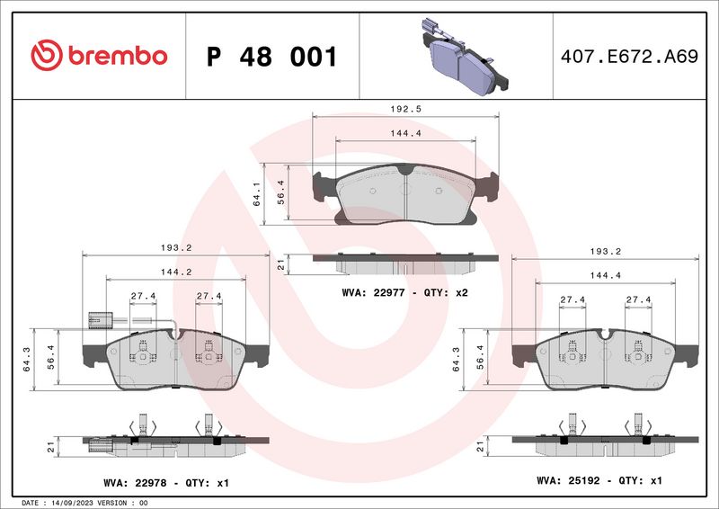 Комплект тормозных колодок, дисковый тормоз BREMBO P48001