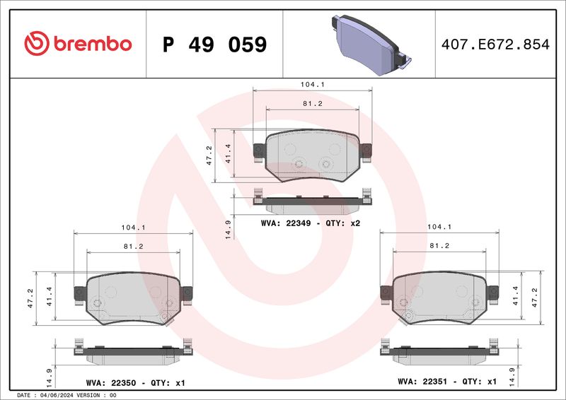 Комплект тормозных колодок, дисковый тормоз BREMBO P49059
